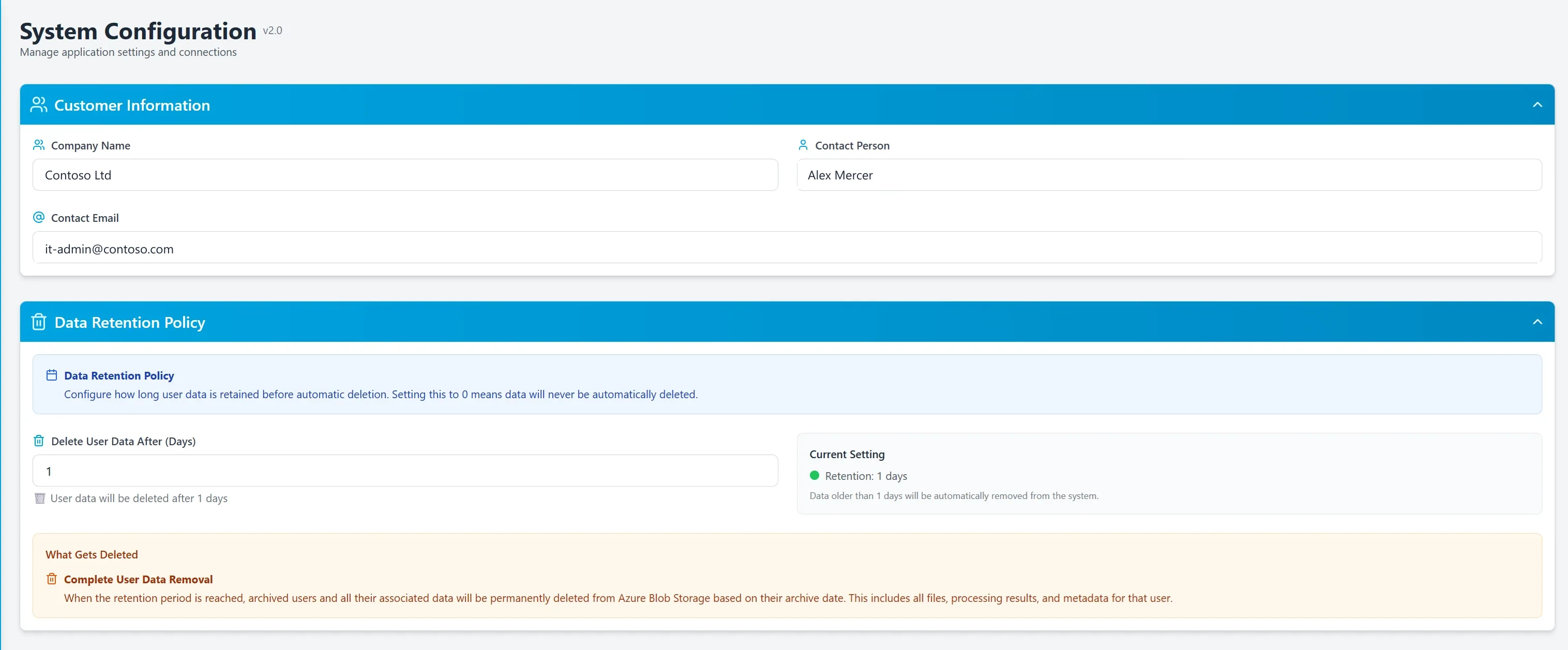 The System Configuration screen, showing customer information and the data retention policy