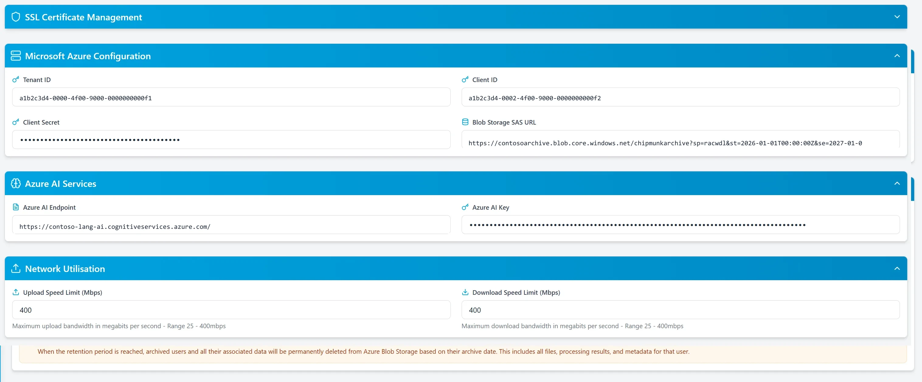 The Microsoft Azure Configuration and Azure AI Services panels, with tenant and client identifiers, the blob storage SAS URL, the AI endpoint and network bandwidth limits