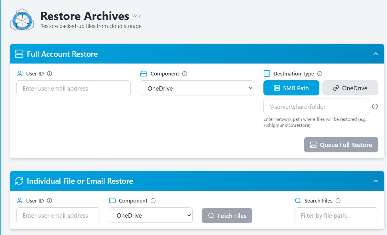 Chipmunk Restore Archives Interface