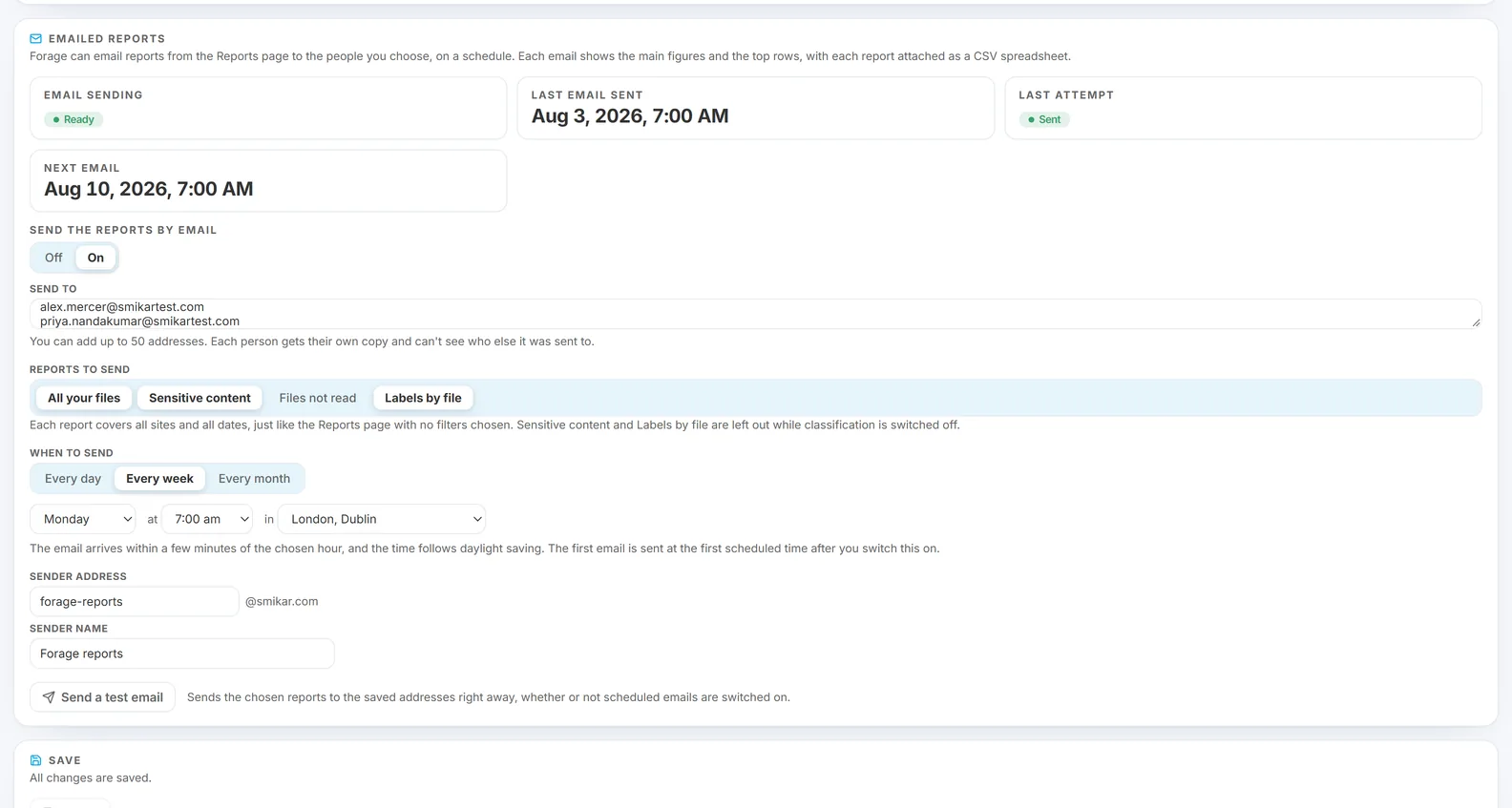 The Emailed reports panel on the Forage Settings page: whether email sending is ready, when the last email was sent and whether it worked, when the next one goes, a switch for the scheduled emails, the addresses to send to, which of the four reports to send, how often and at what hour and time zone, the sender address and name, and a button to send a test email
