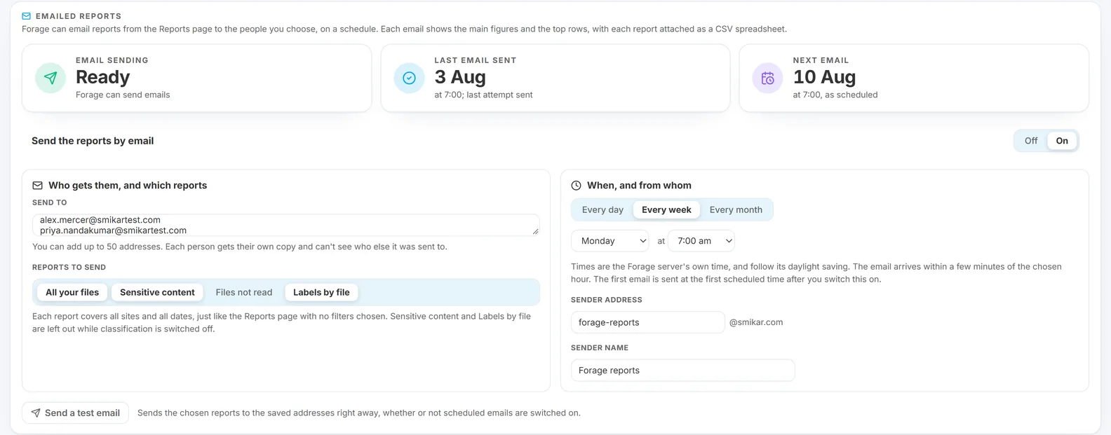 The Emailed reports panel on the Forage Settings page: whether email sending is ready, when the last email was sent and whether it worked, when the next one goes, a switch for the scheduled emails, the addresses to send to, which of the four reports to send, how often and at what hour, the sender address and name, and a button to send a test email