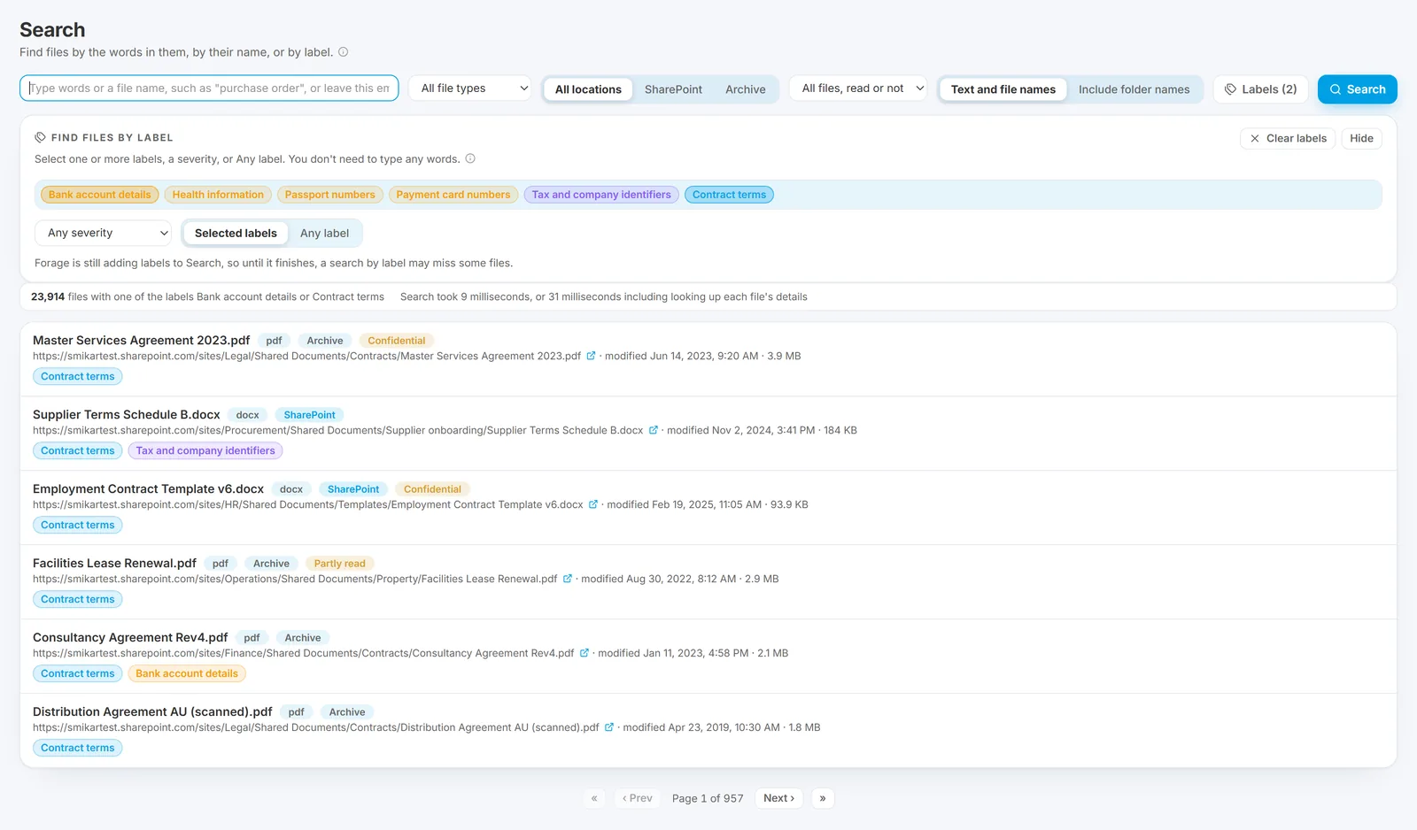A search by label: the label filter open under the search box with a chip for each label, two of them selected, a severity list and a choice between the selected labels and any label, and then the files carrying either label, each showing its name, its path and the labels it has