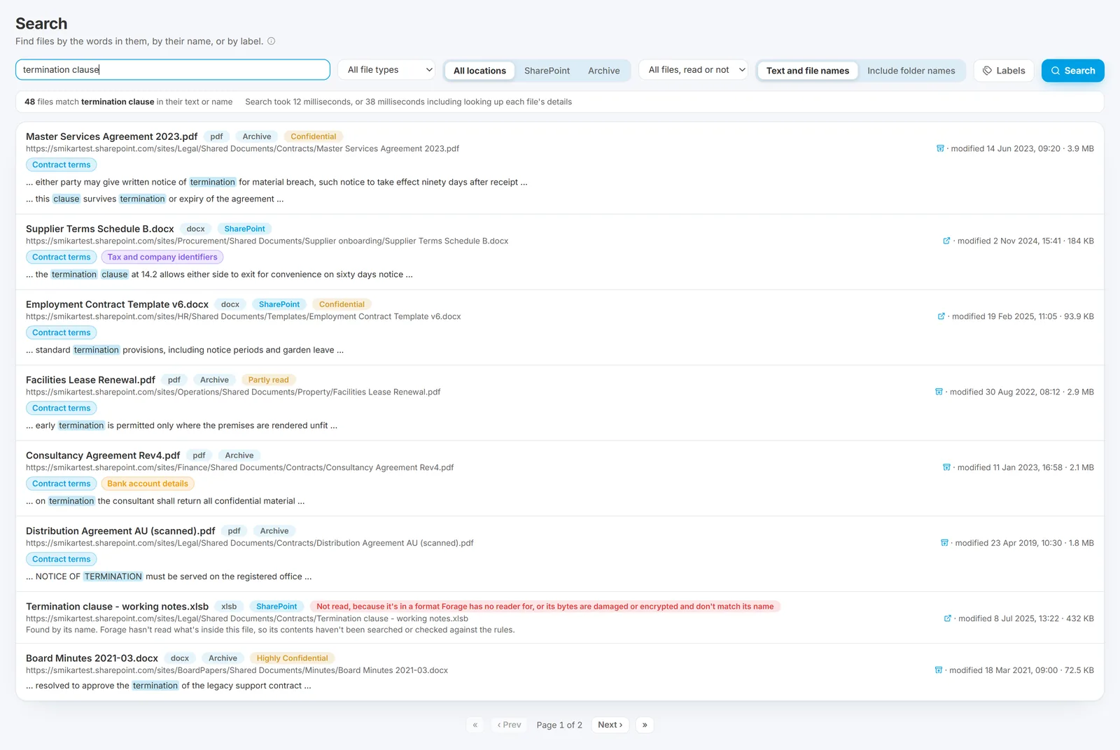 Forage search results for a phrase, each hit showing the file name, its full path in SharePoint, when it was modified and its size, the labels its content rules gave it, and extracts from the text with the matching words highlighted, with an open link on files still in SharePoint and a restore link on files in the archive; one result was found by its file name alone and says it was not read because Forage cannot read that type of file