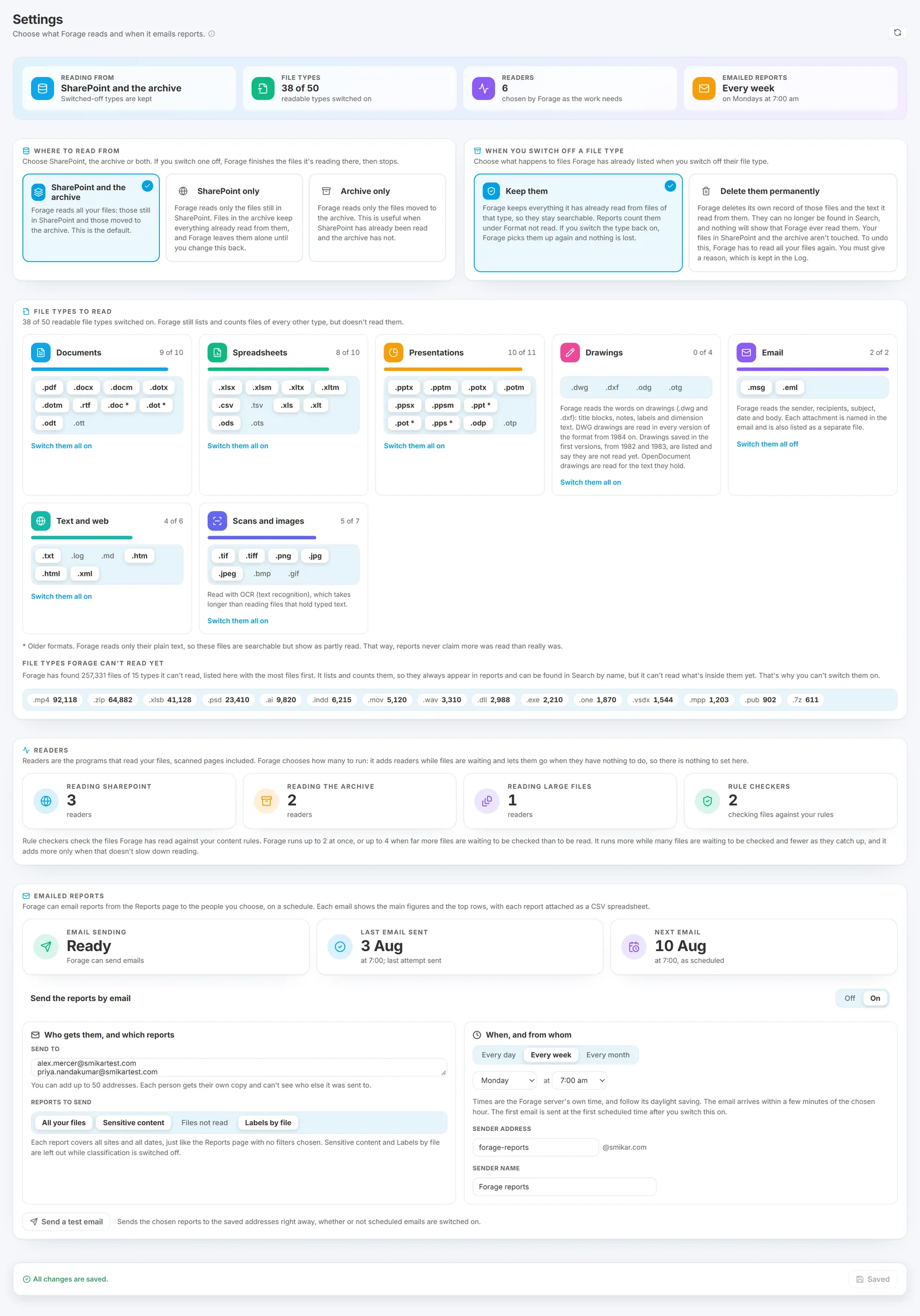 The Forage Settings page: where to read from and what happens to files of a type that is switched off, a summary banner, option cards for where to read from and what happens to a type that is switched off, a card for each family of file types with each type switched on or off, the file types Forage cannot read yet with how many files of each, the readers Forage has running, and the emailed reports section with who receives them, which reports, how often and from which sender address