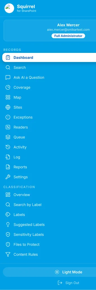 The Records navigation inside the Squirrel portal: Records holding Dashboard, Search, Ask AI a Question, Coverage, Map, Sites, Exceptions, Readers, Queue, Activity, Log, Reports and Settings, and Classification holding Overview, Search by Label, Labels, Suggested Labels, Sensitivity Labels, Files to Protect and Content Rules