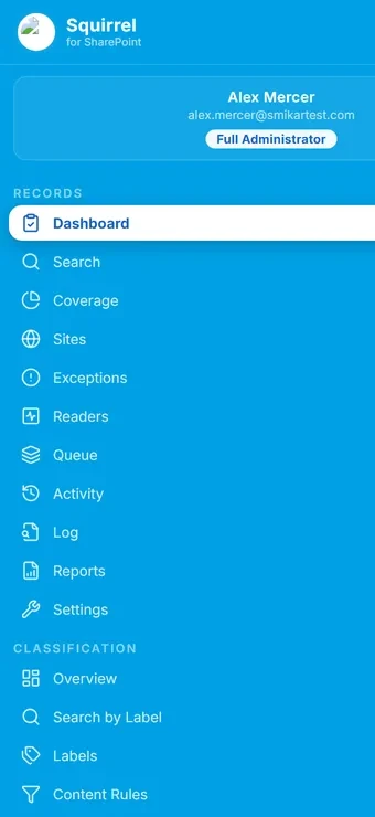 The Records navigation inside the Squirrel portal: Records holding Dashboard, Search, Coverage, Sites, Exceptions, Readers, Queue, Activity, Log, Reports and Settings, and Classification holding Overview, Search by Label, Labels and Content Rules