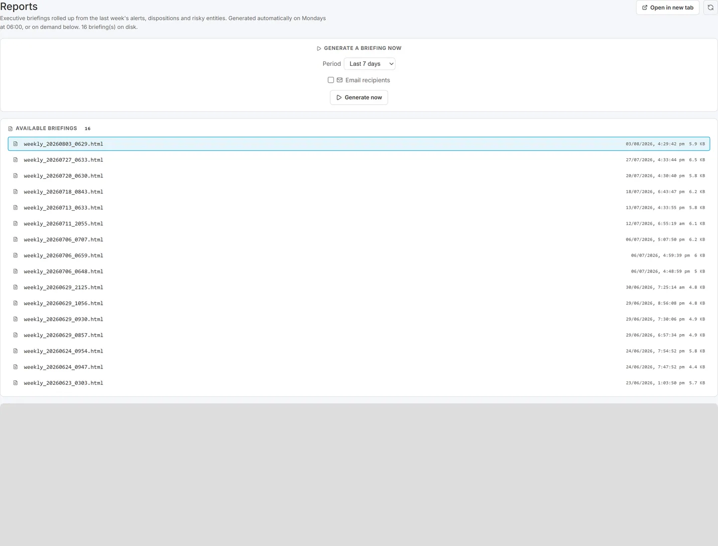 Briefing page showing on-demand generation and previously generated briefings