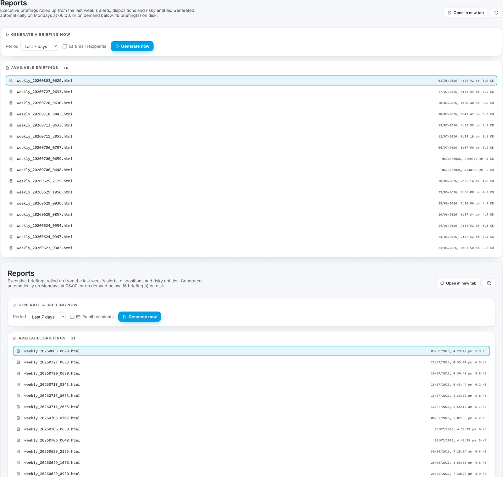 Briefing page showing on-demand generation and previously generated briefings