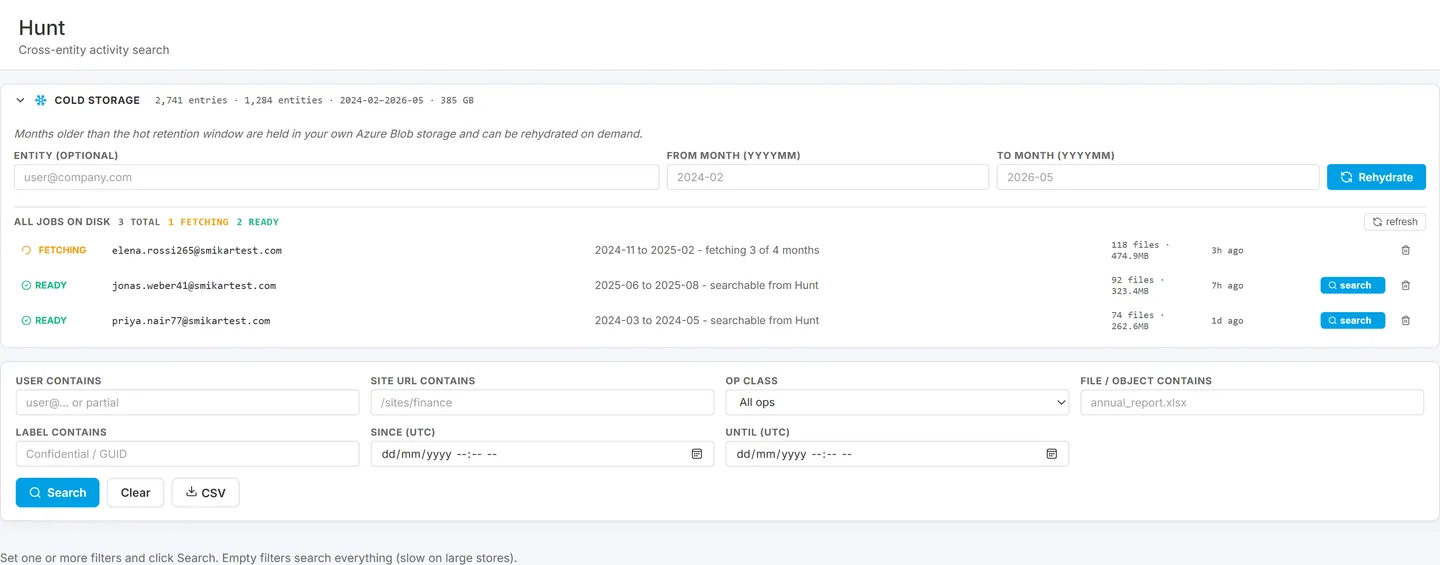 The Cold Storage panel expanded at the top of the Hunt page, showing the archive summary, the rehydrate form, and the jobs on disk with their fetching and ready states