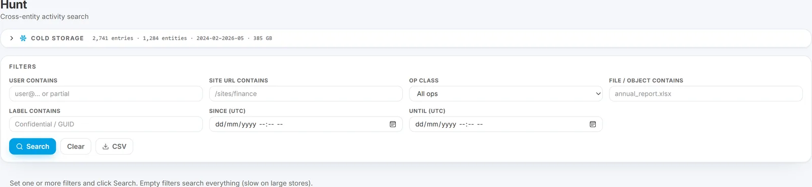 The Cold Storage panel expanded at the top of the Hunt page, showing the archive summary, the rehydrate form, and the jobs on disk with their fetching and ready states