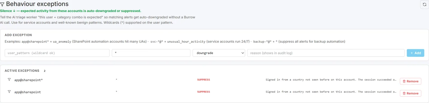 Exceptions page showing the add-exception form and active entity exceptions
