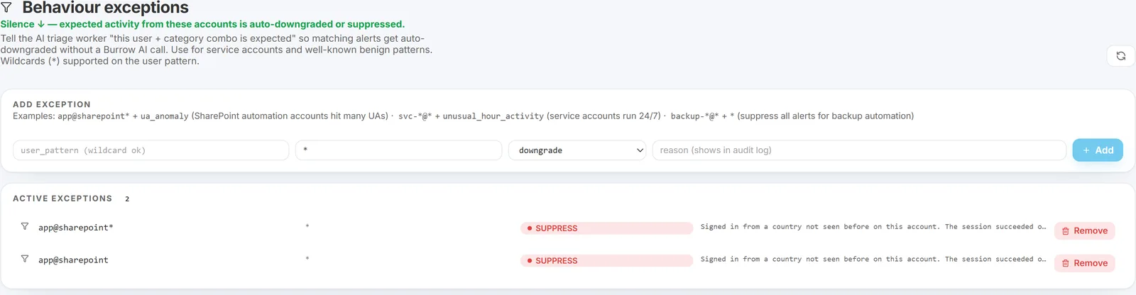 Exceptions page showing the add-exception form and active entity exceptions