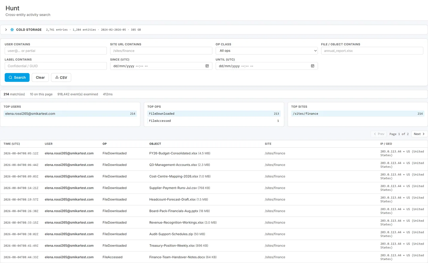 Hunt page showing the cross-entity activity search filters and cold-storage panel