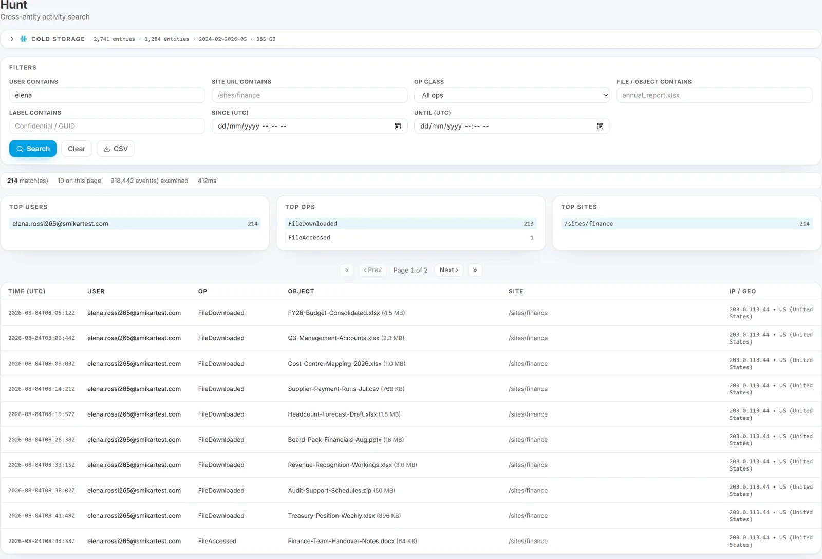Hunt page showing the cross-entity activity search filters and cold-storage panel