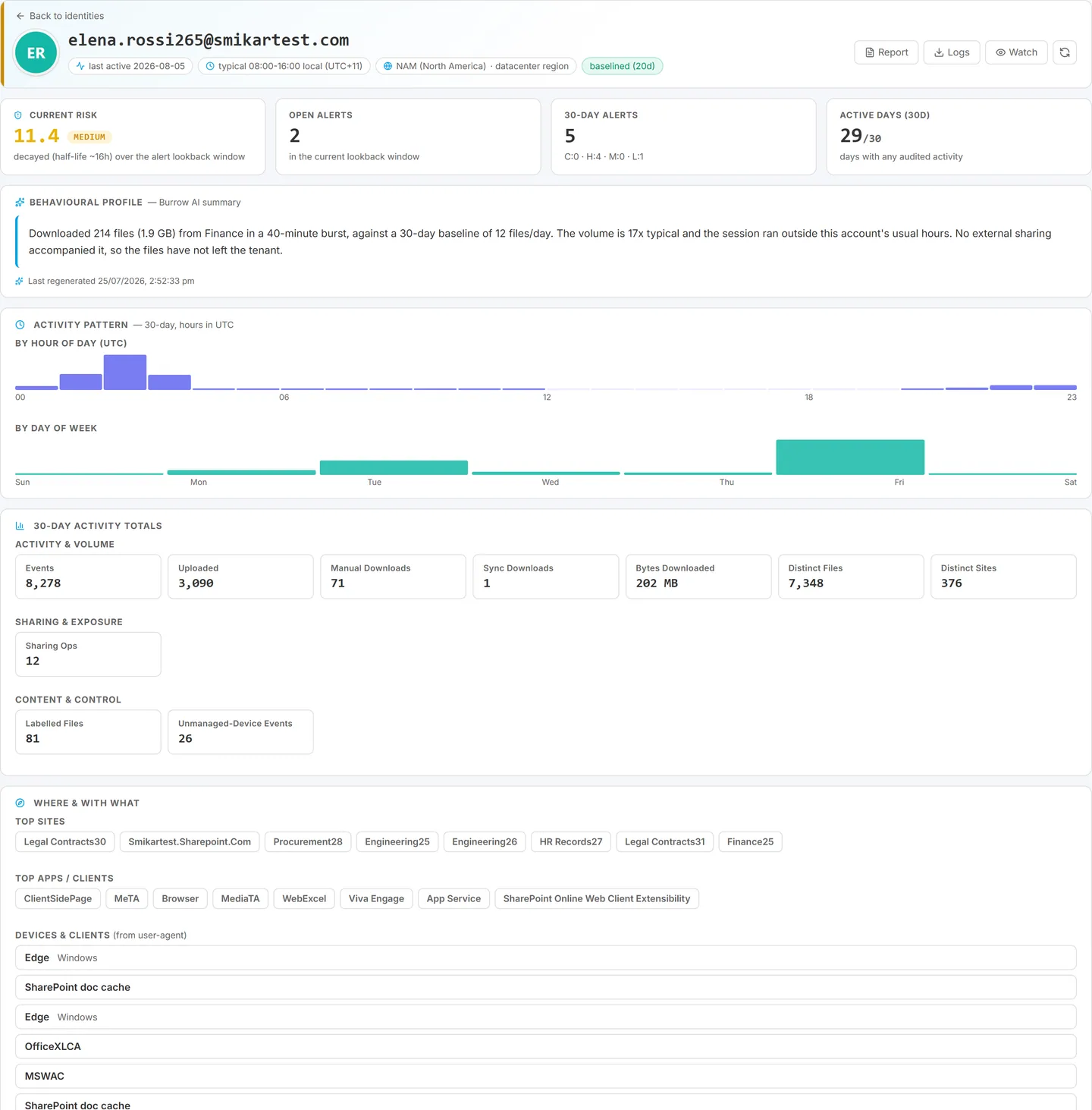 Identity dossier for a single user showing current risk, the AI behavioural profile, activity pattern by hour and weekday, 30-day totals, and the sites and devices the account uses