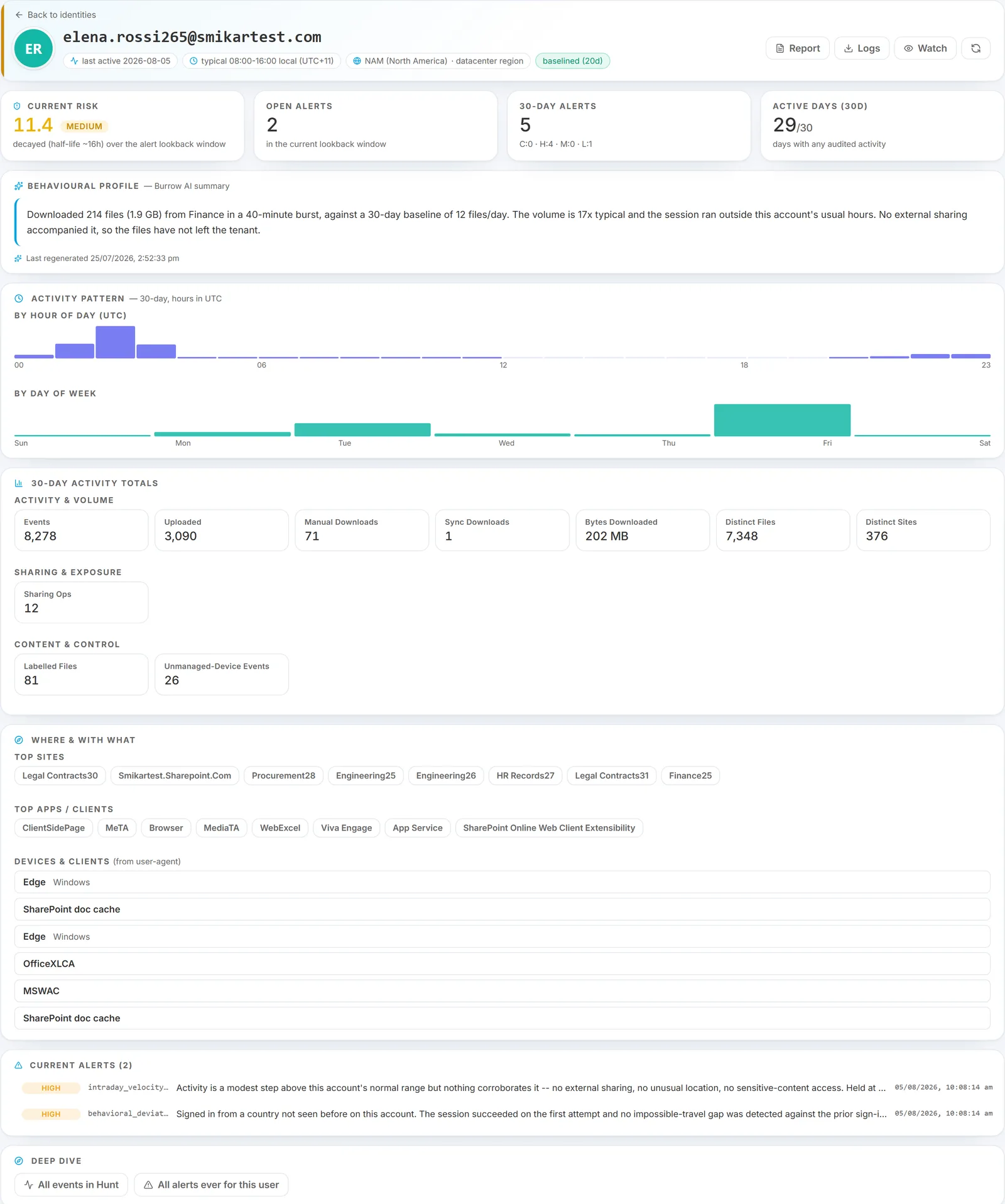 Identity dossier for a single user showing current risk, the AI behavioural profile, activity pattern by hour and weekday, 30-day totals, and the sites and devices the account uses