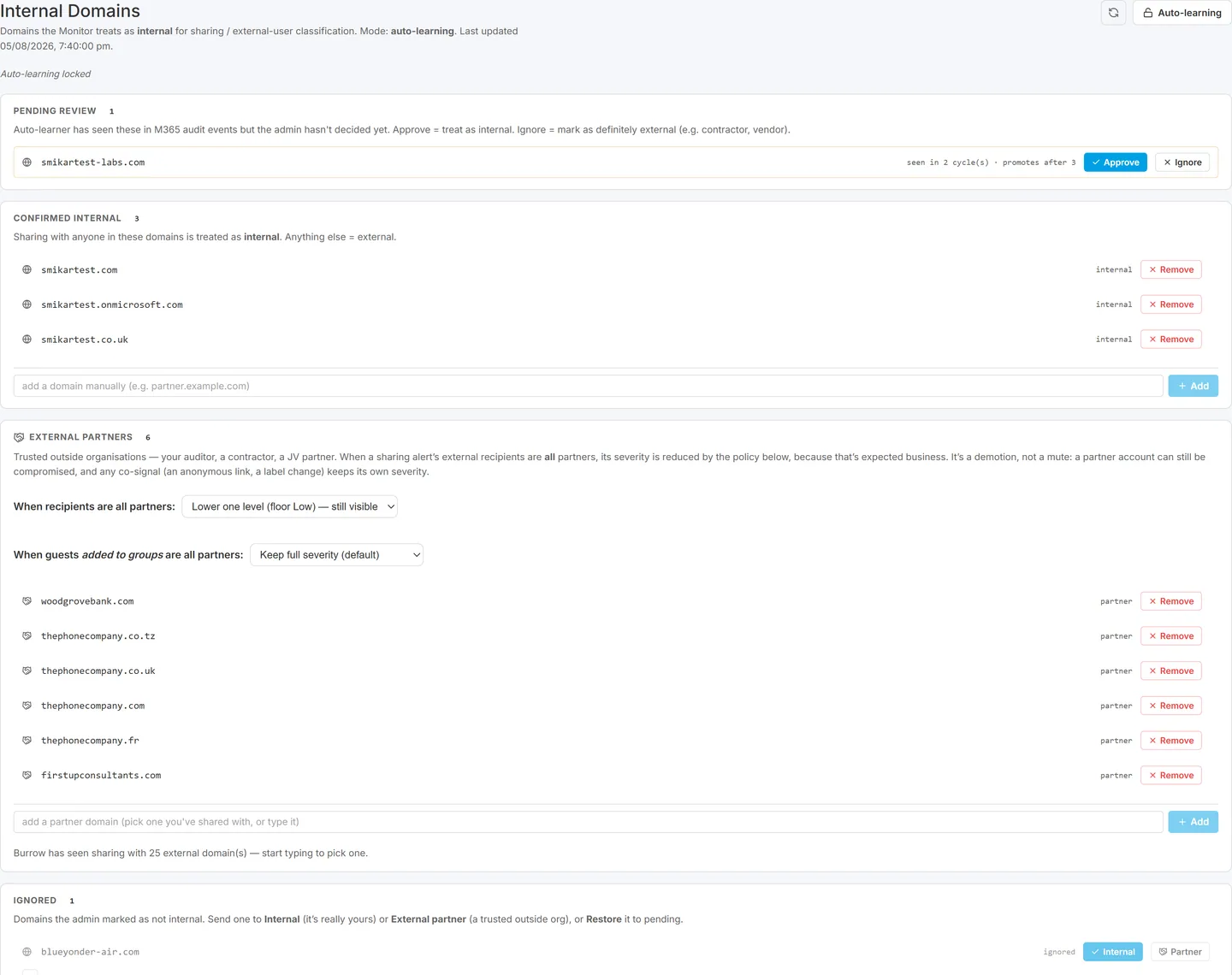 Internal Domains page showing confirmed internal domains, the auto-learning lock, and the External Partners list