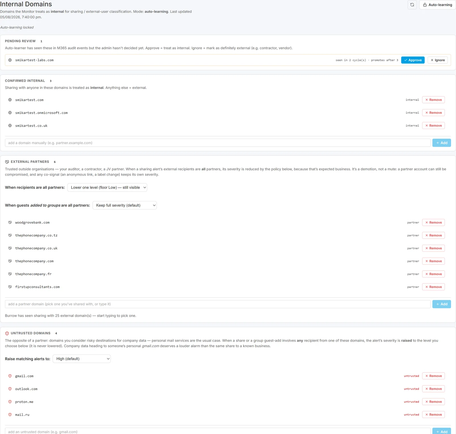 Internal Domains page showing confirmed internal domains, the auto-learning lock, the External Partners list, and the Untrusted Domains list with its severity setting
