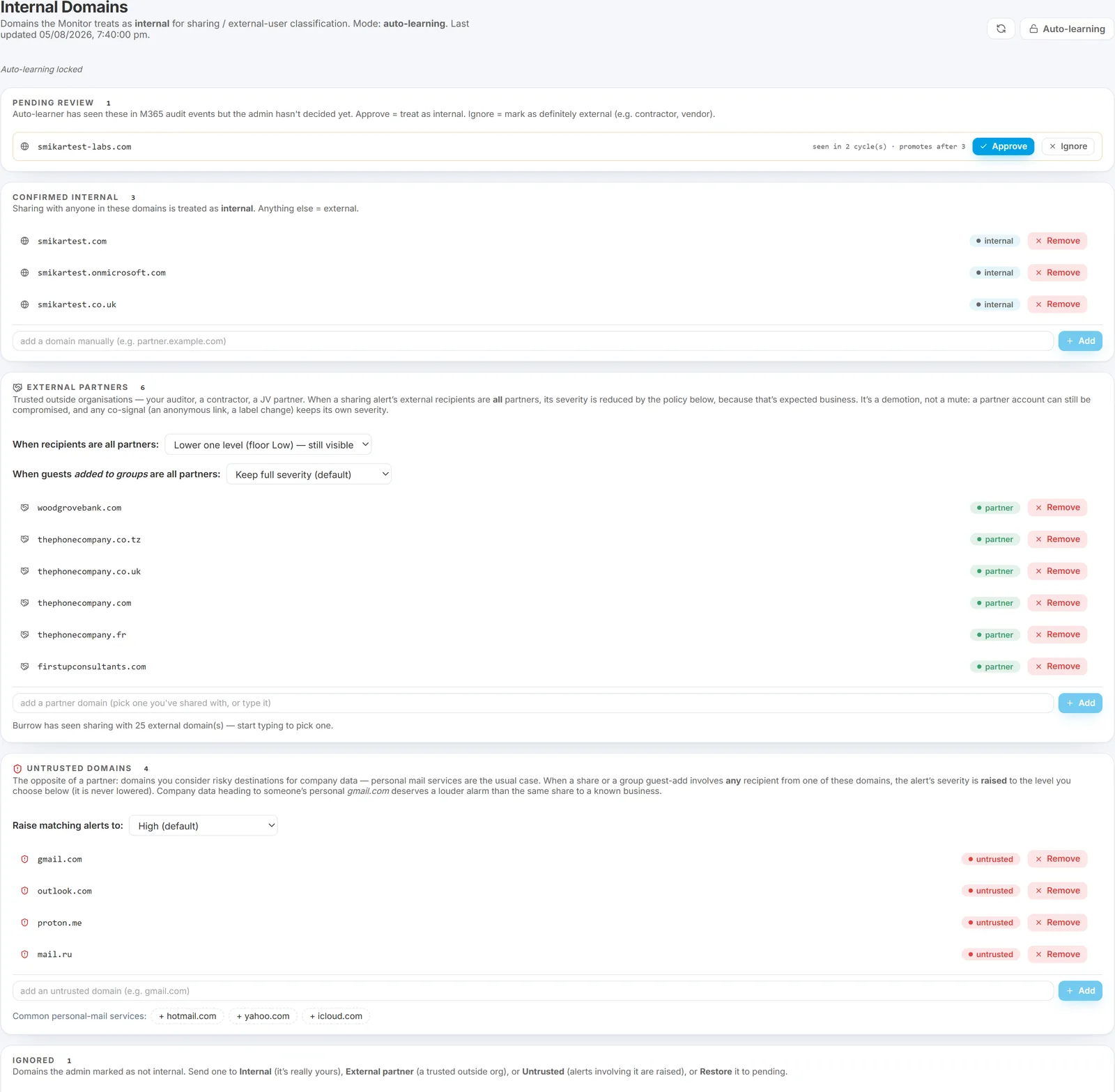 Internal Domains page showing confirmed internal domains, the auto-learning lock, the External Partners list, and the Untrusted Domains list with its severity setting