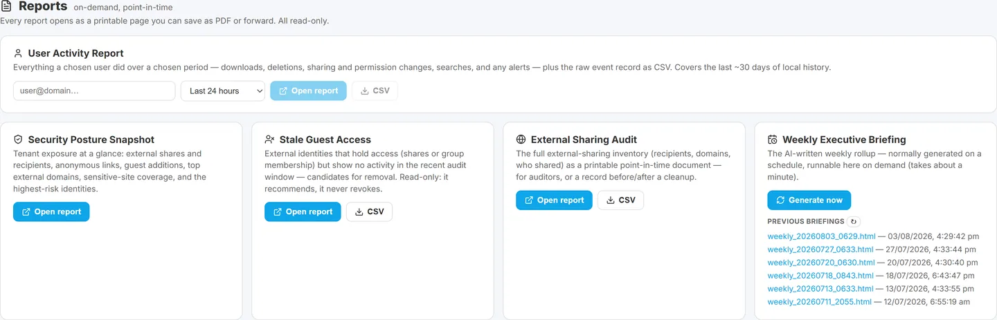 Reports page showing the five on-demand reports