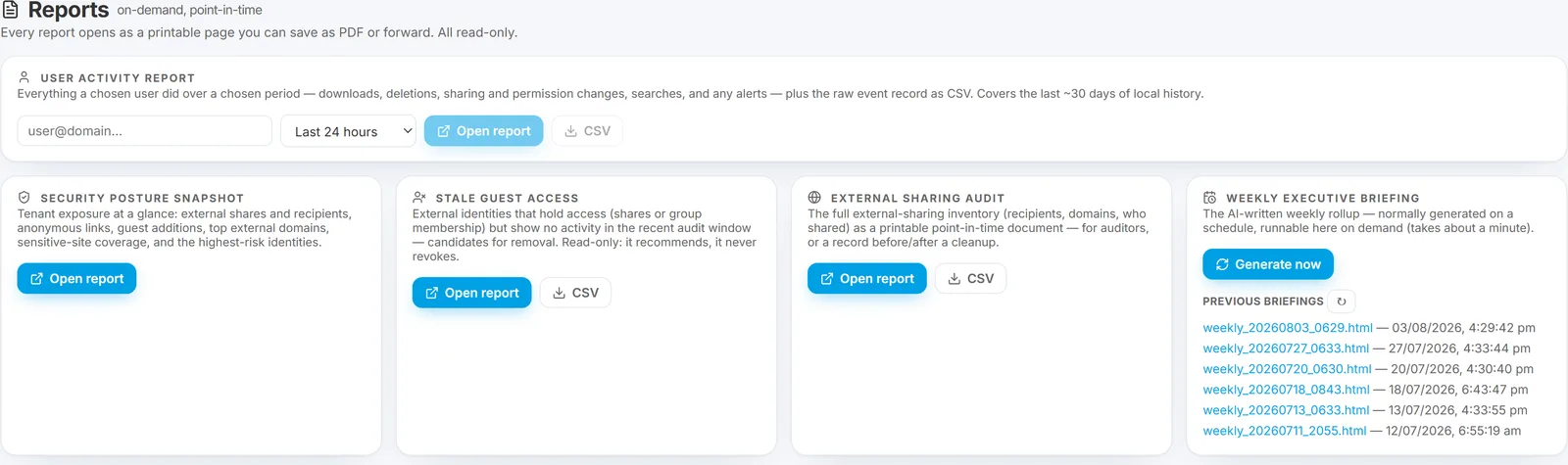 Reports page showing the five on-demand reports