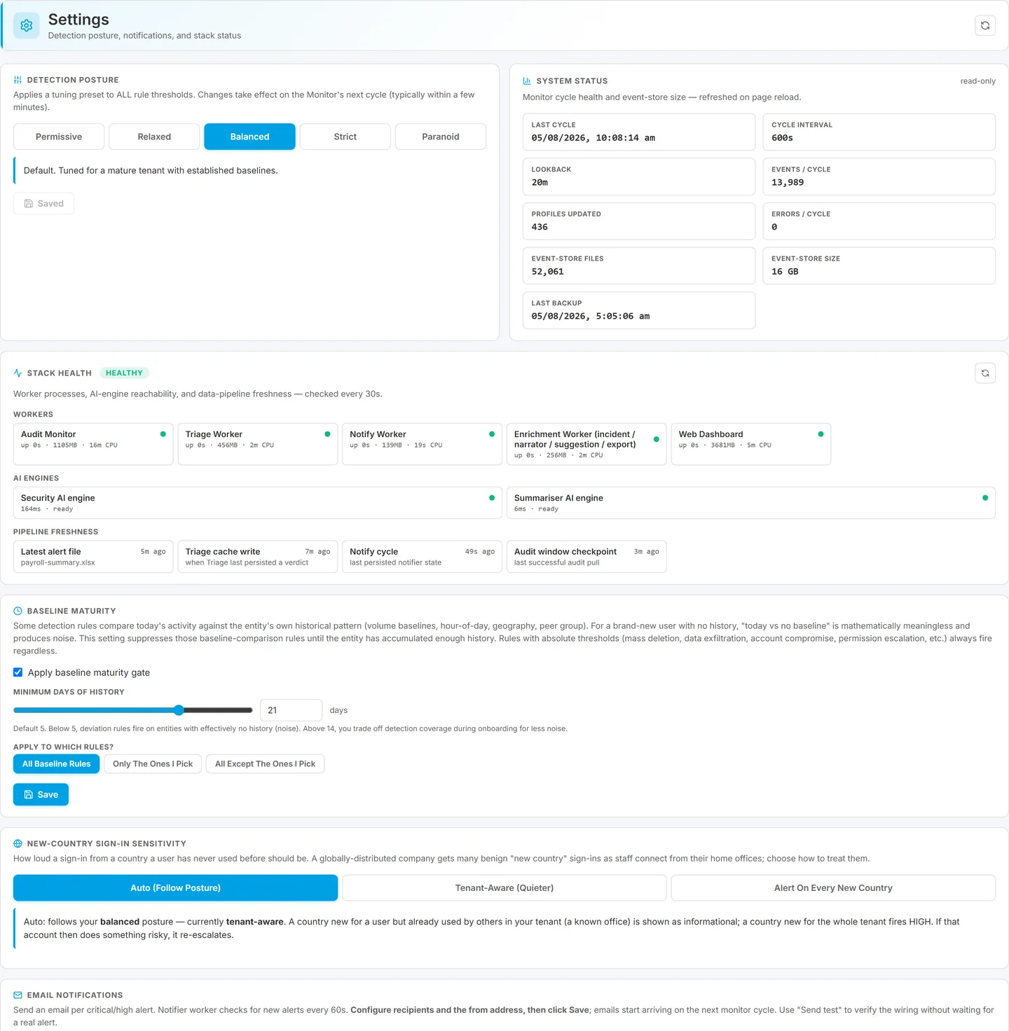Settings page showing the Detection posture selector and the System status card