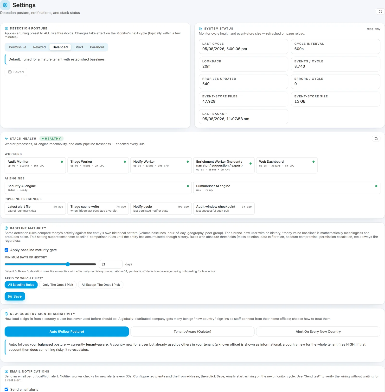 Settings page showing the Detection posture selector and the System status card