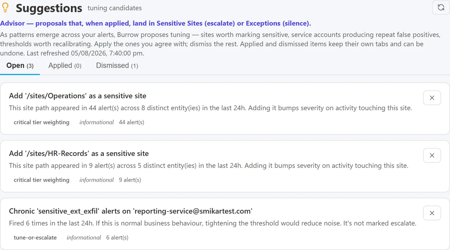 Suggestions page listing tuning candidates with one-click Apply