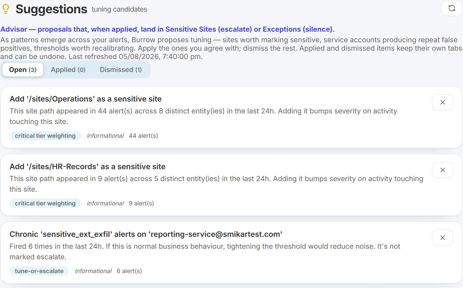 Suggestions page listing tuning candidates with one-click Apply