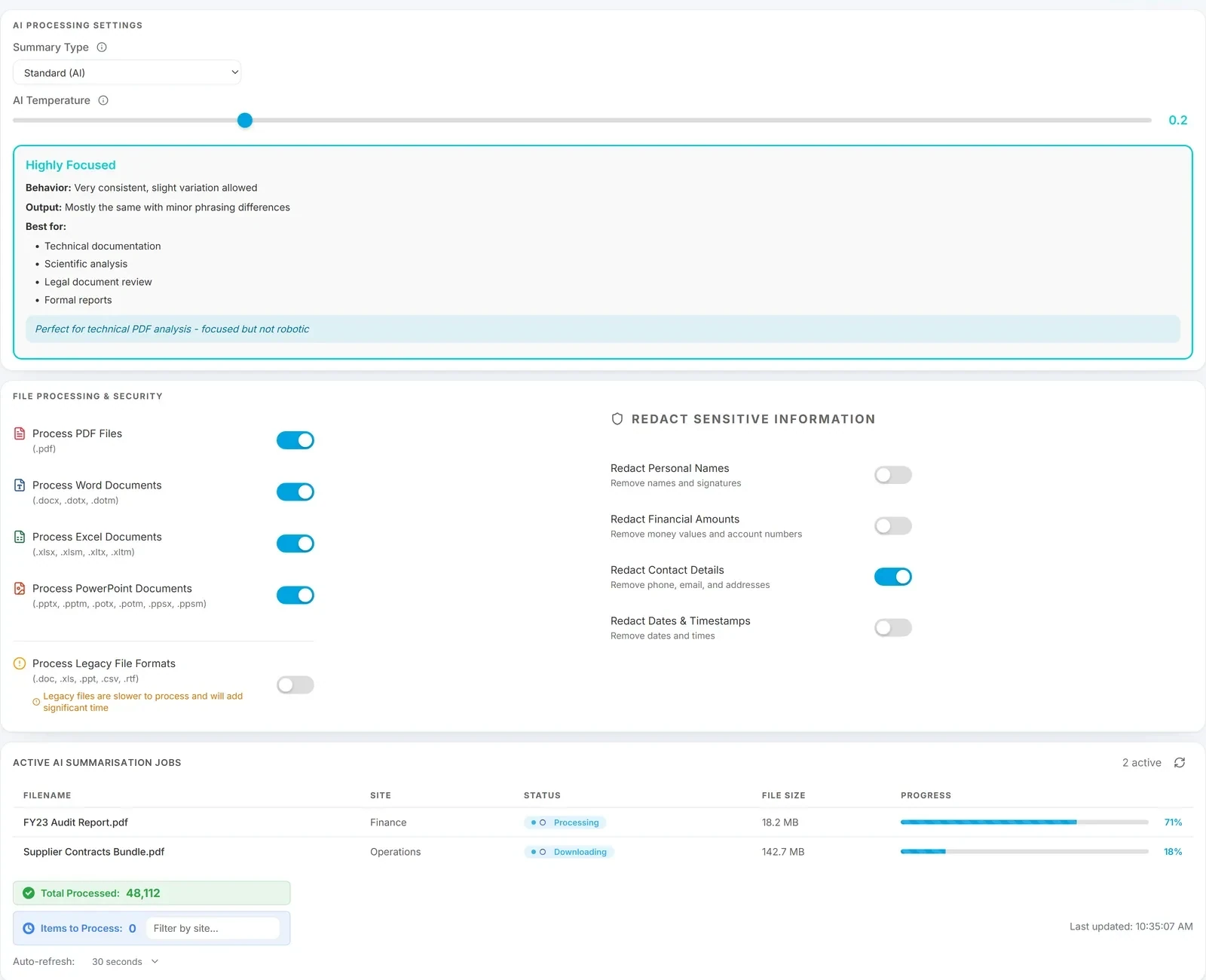 The AI Summarisation configuration page showing summarisation settings and job statistics