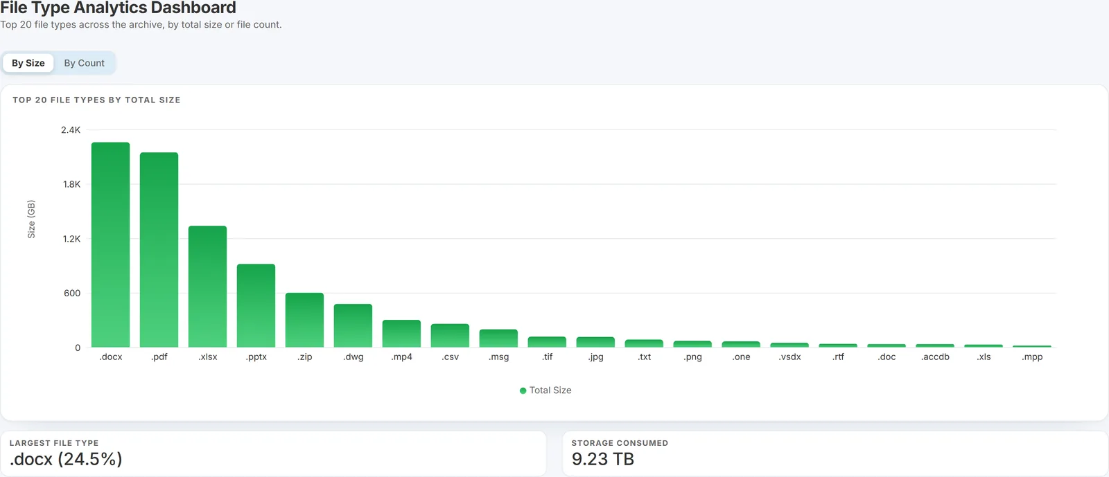 File Type Analytics showing the top archived file extensions as a bar chart, toggleable between size and count