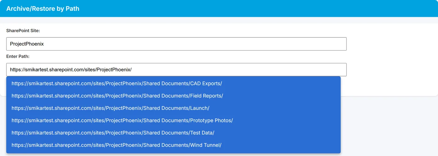 Archive/Restore by Path with a site selected and the path field suggesting folders within it