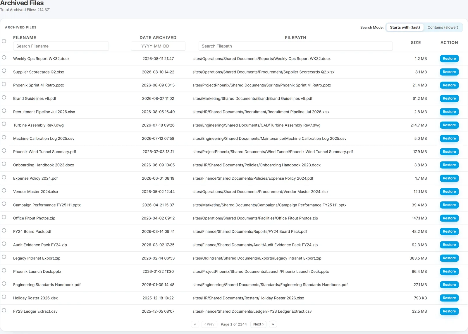 The Archived Files page, a searchable table of archived documents with a Restore button on each row
