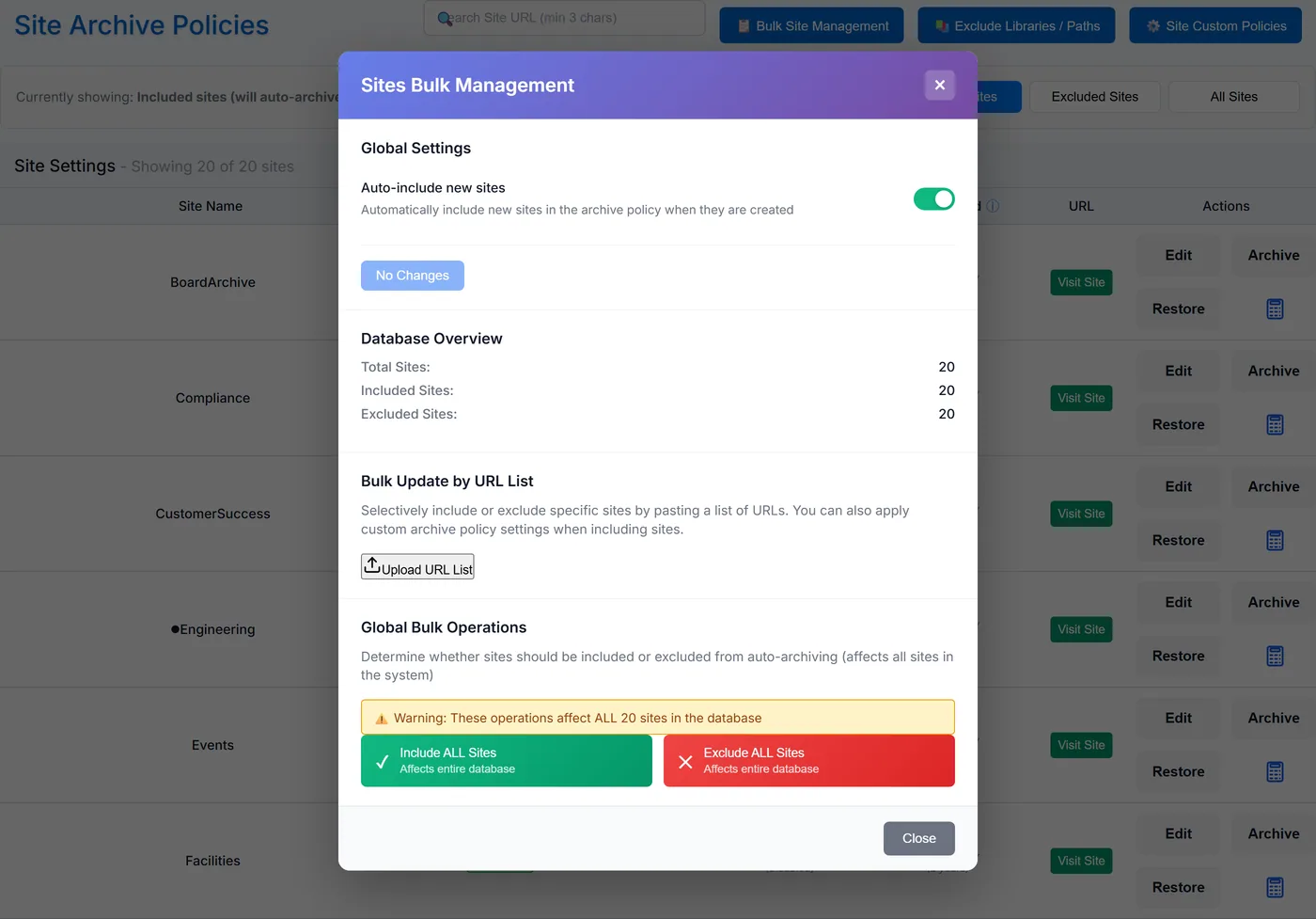 The Bulk Site Management dialog, used to include or exclude many SharePoint sites from archiving at once