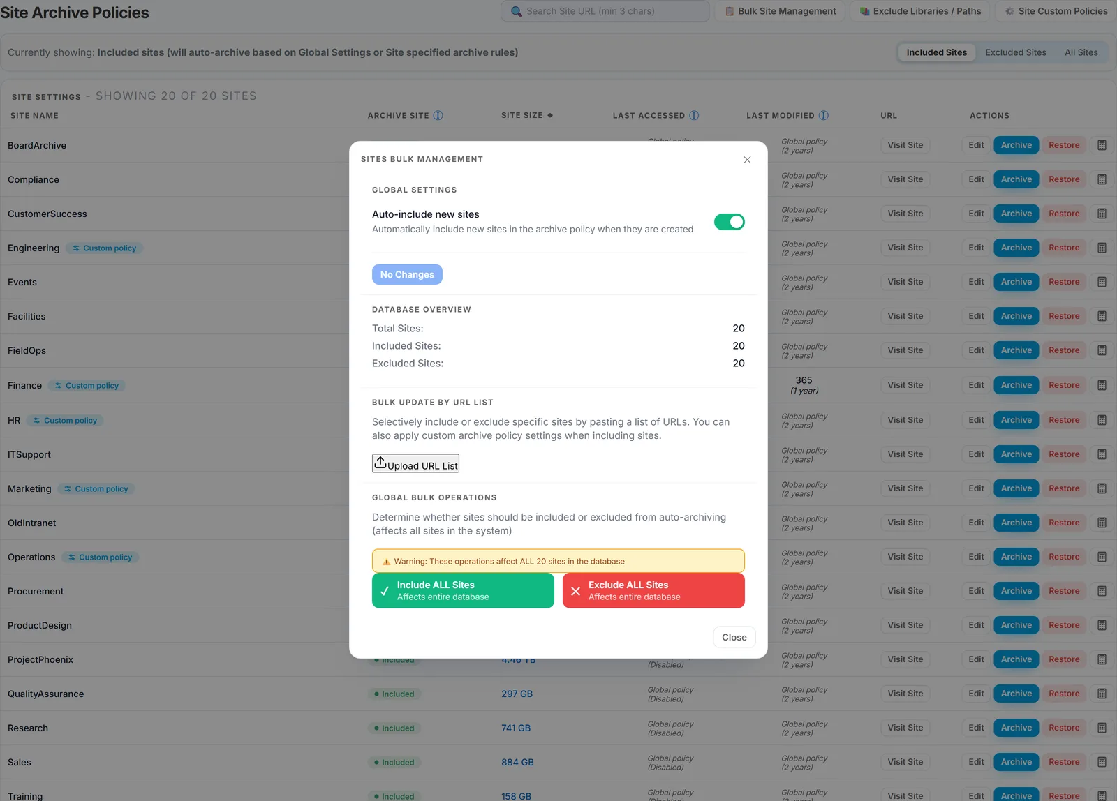 The Bulk Site Management dialog, used to include or exclude many SharePoint sites from archiving at once
