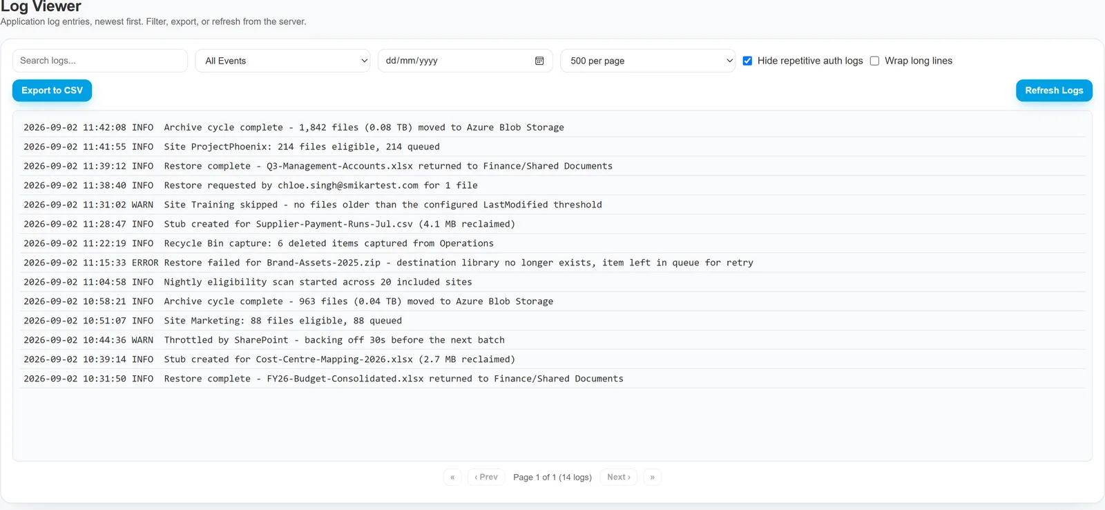 The Log Viewer: application log entries newest first, with search, an event-type filter, a date picker, page size, the hide-repetitive-auth toggle and the Wrap long lines switch