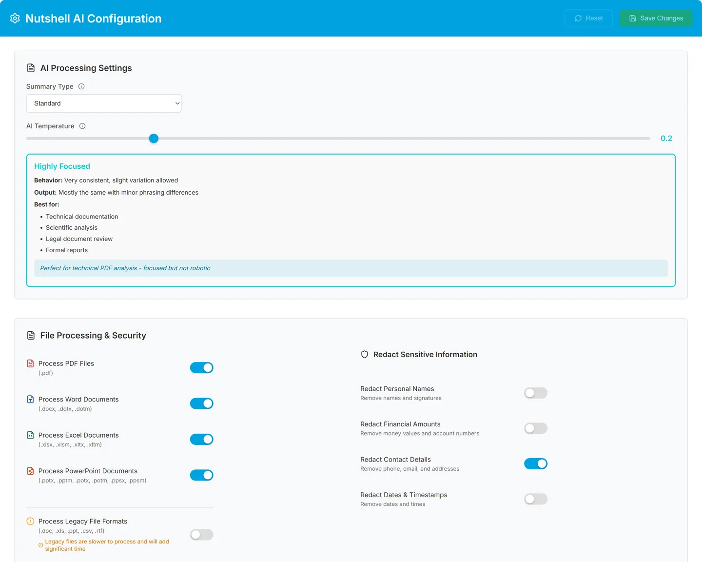 The Nutshell AI configuration page showing summarisation settings and job statistics