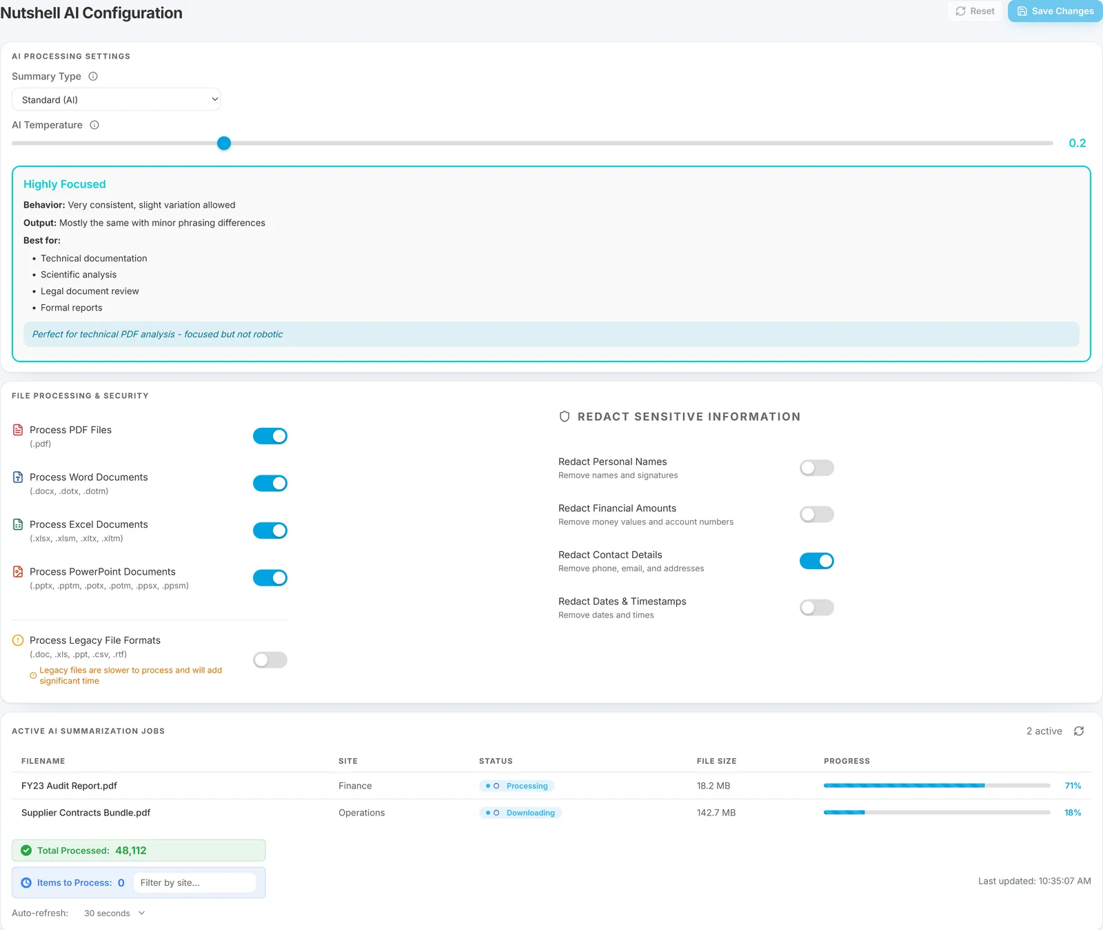 The Nutshell AI configuration page, showing summarisation settings and processing state