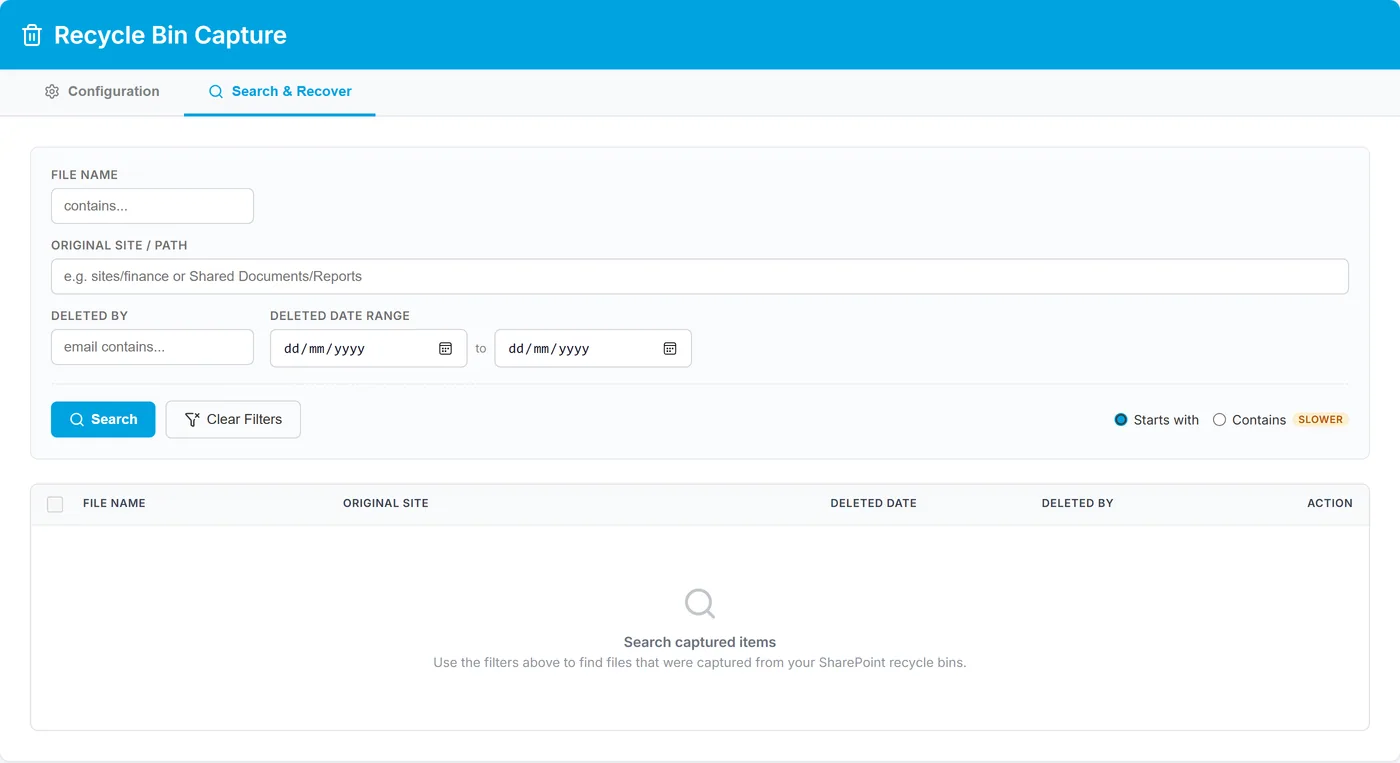 The Search and Recover tab, with filters for file name, original site or path, who deleted it, and the deleted date range