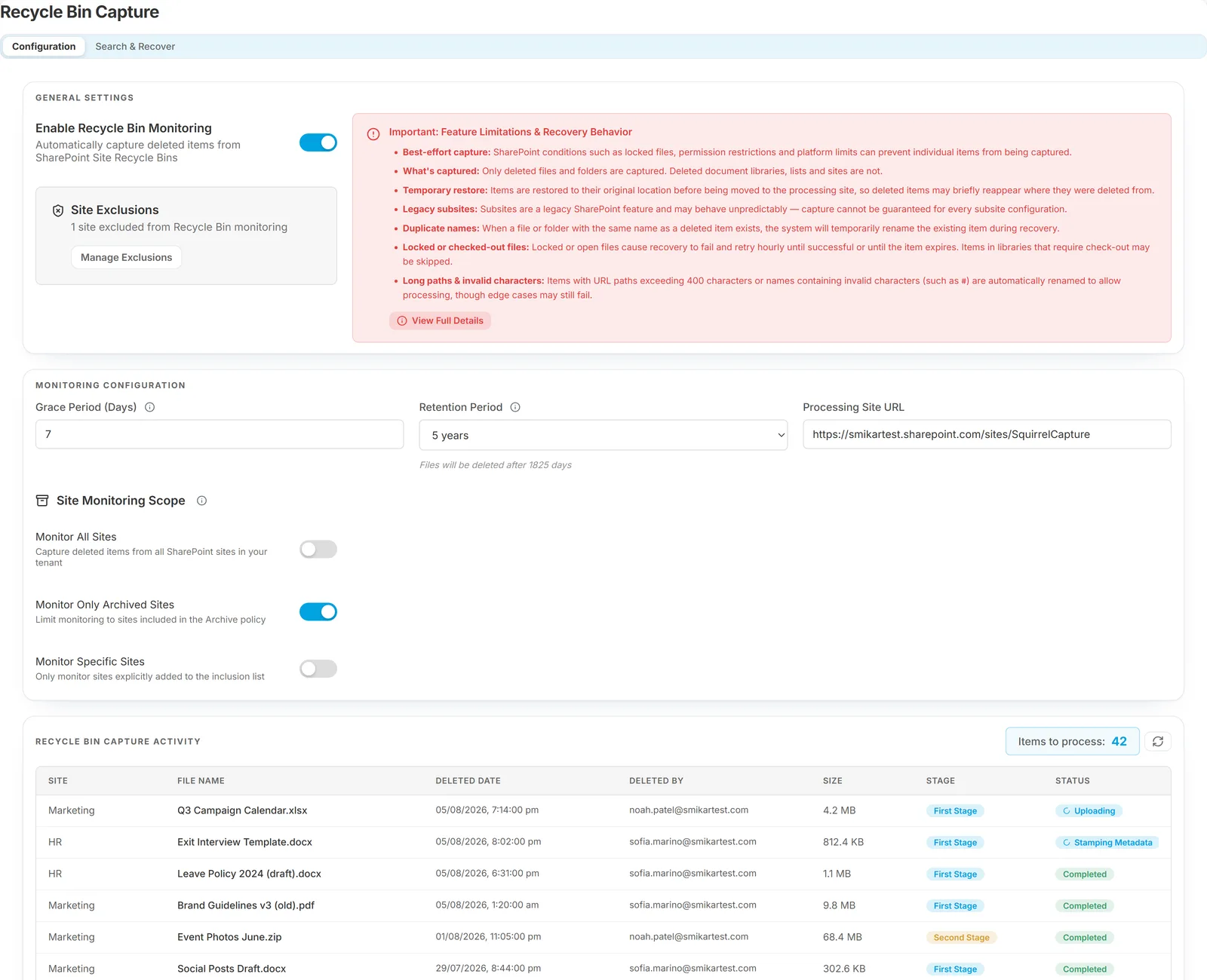 The Search and Recover tab, with filters for file name, original site or path, who deleted it, and the deleted date range
