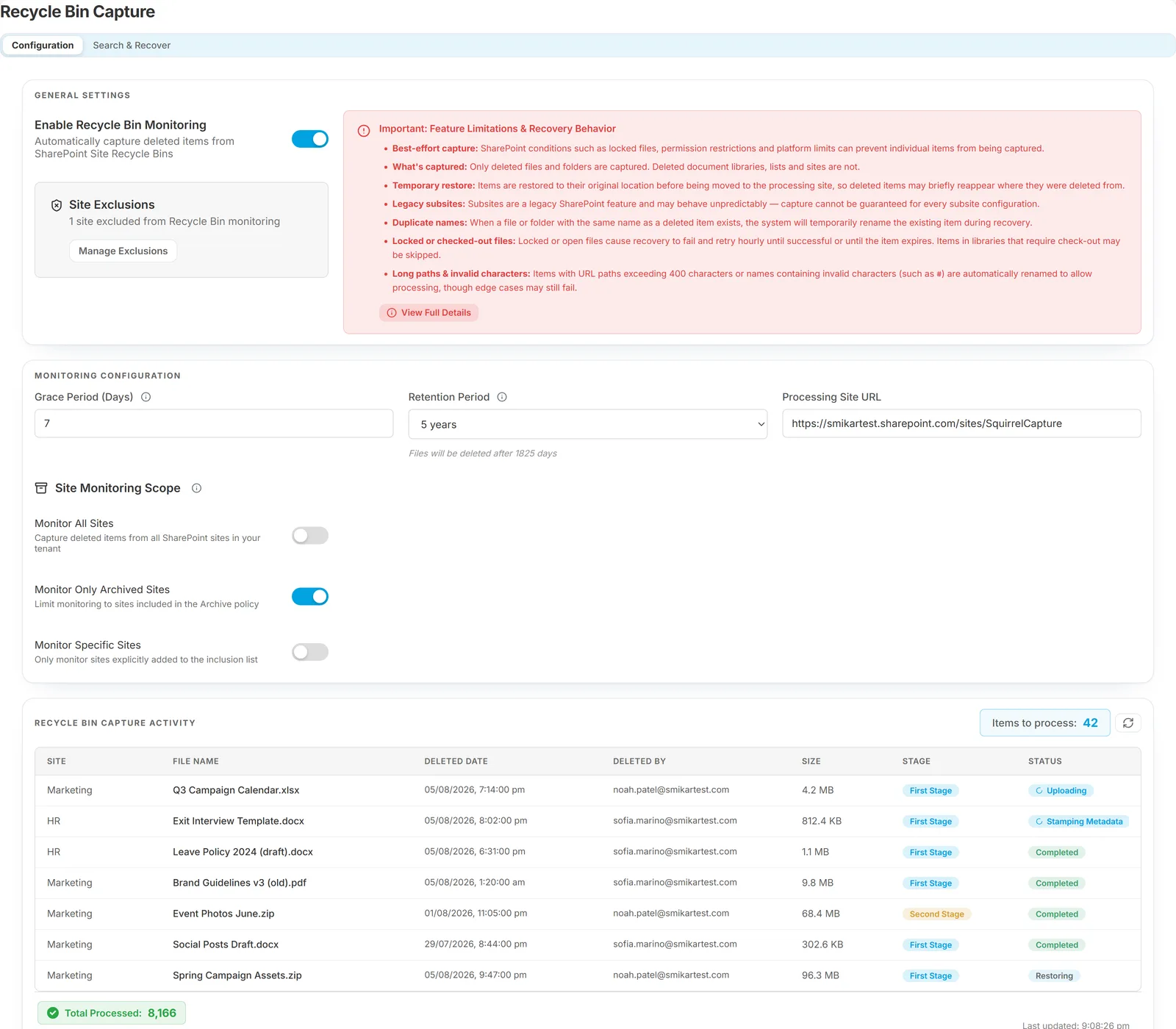 The Recycle Bin Capture page showing the configuration tab and the capture activity table
