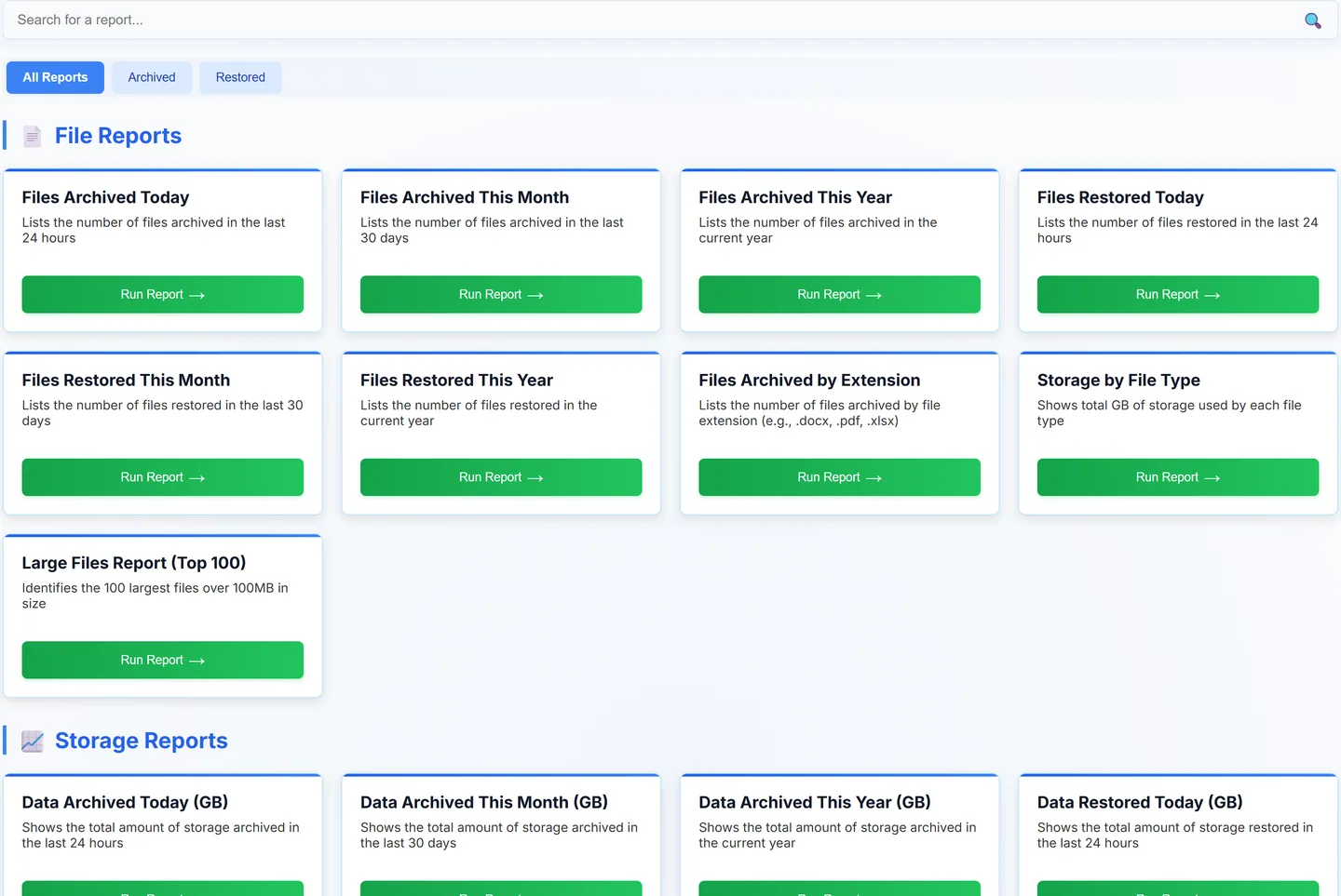 The Reports page, showing the file, storage and site-data report groups