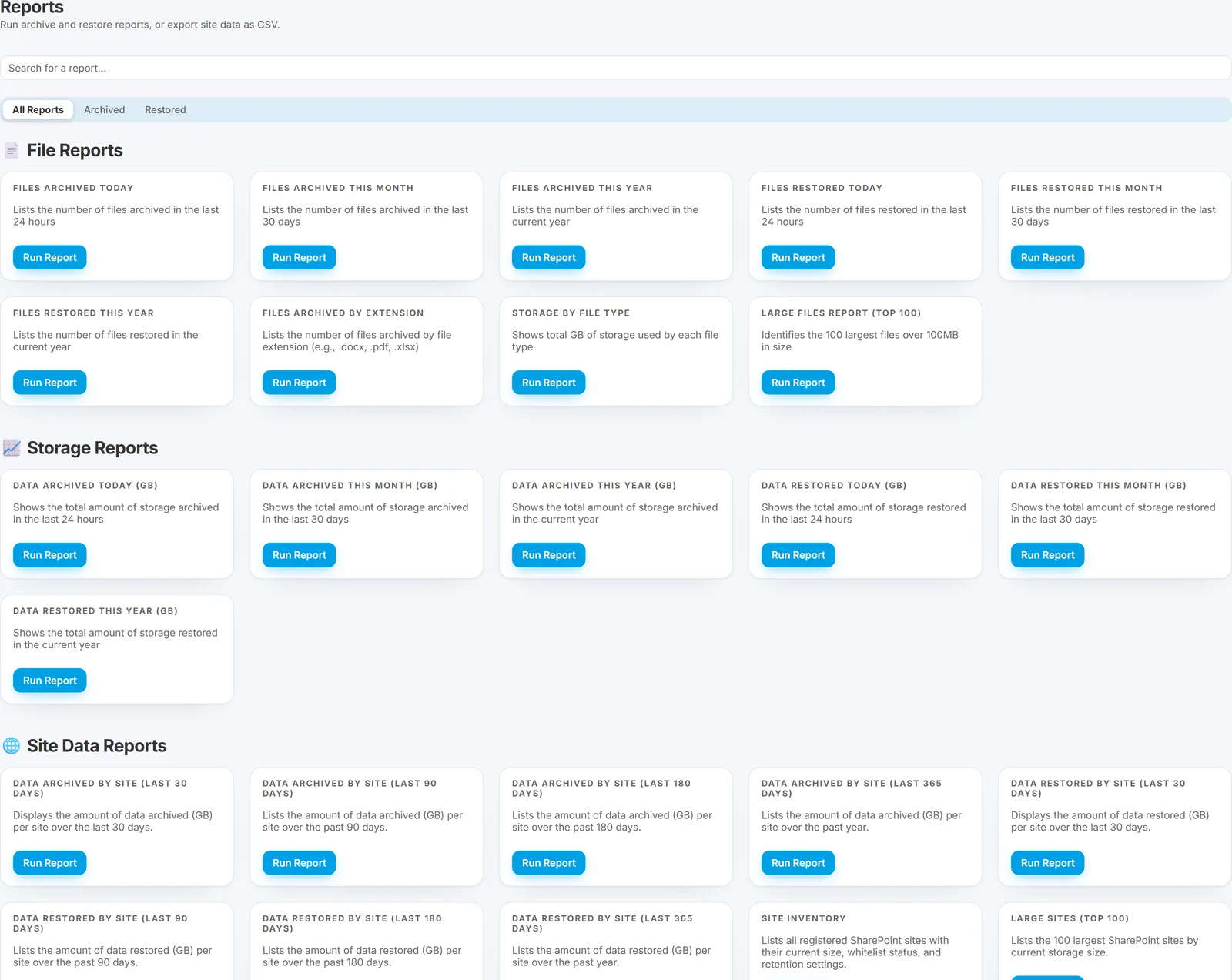 Squirrel Admin side panel with the Reports section selected