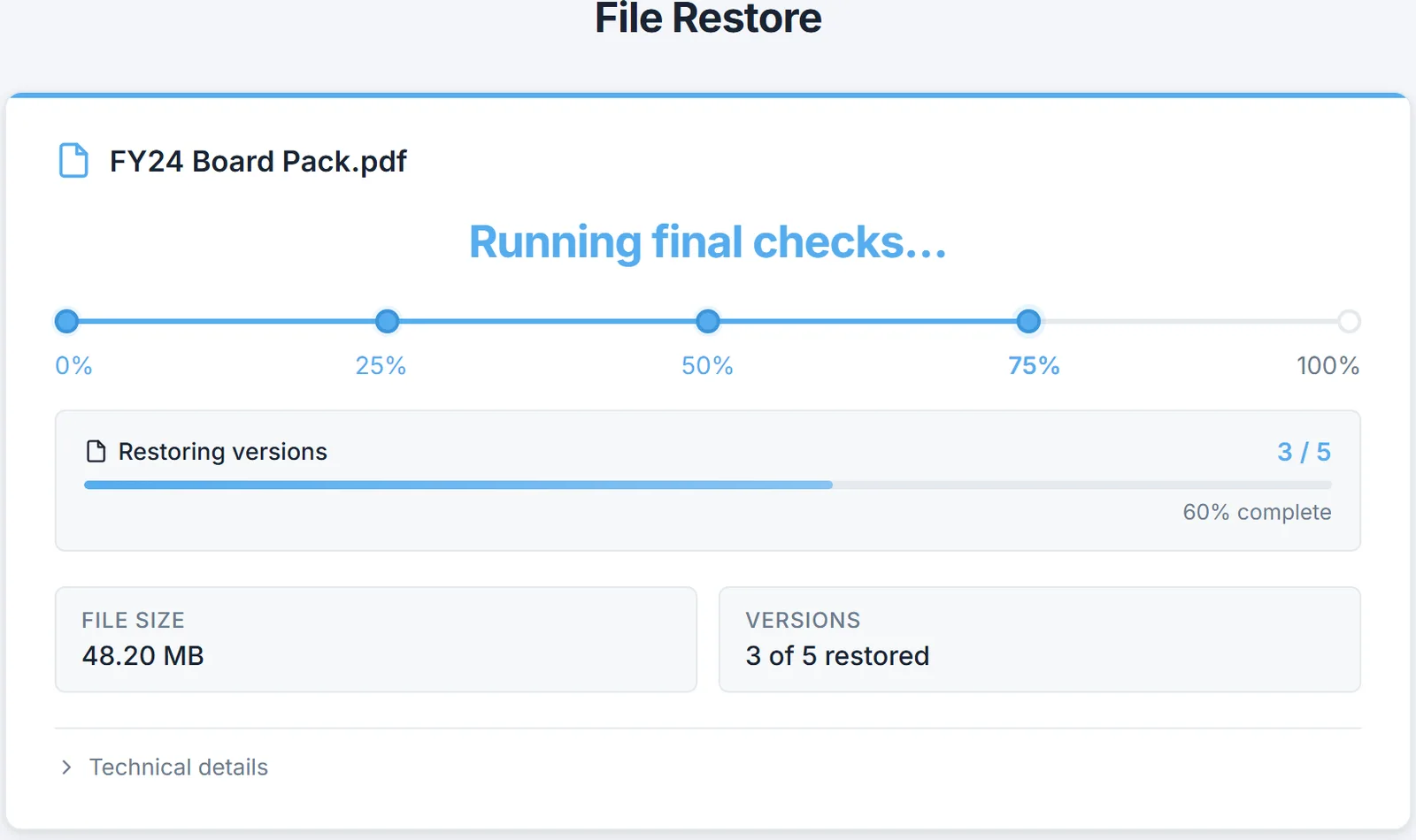The restore status page tracking a file through each stage until it is back in SharePoint