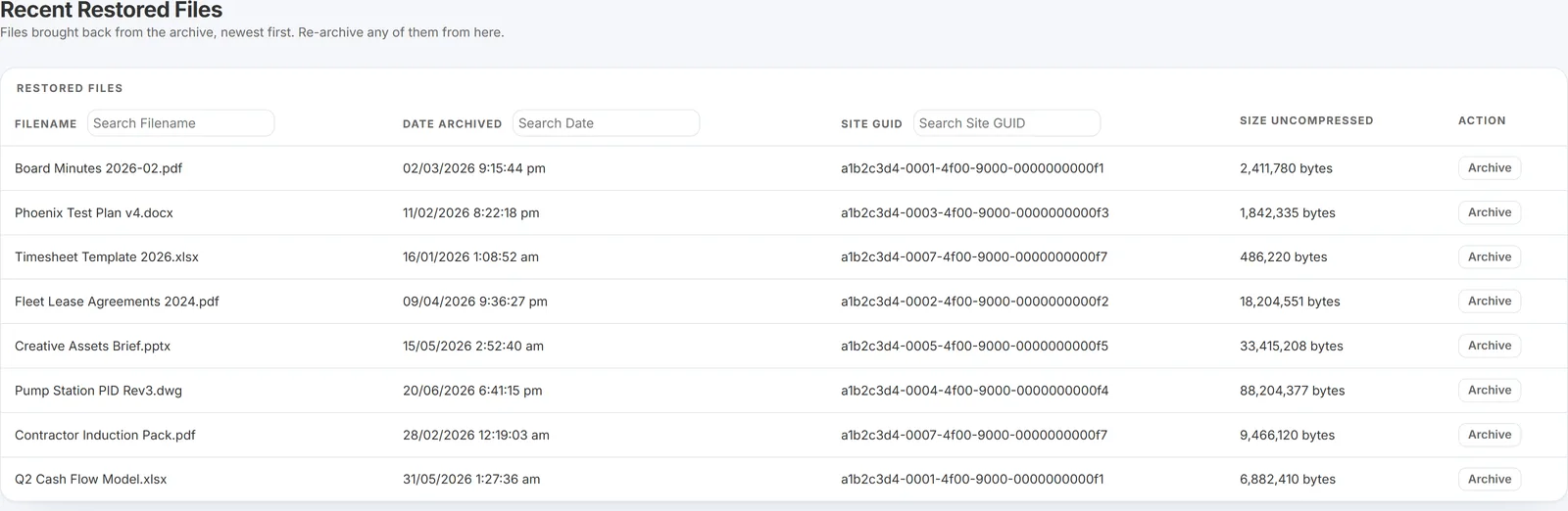 Restore Queue showing the site's restore progress