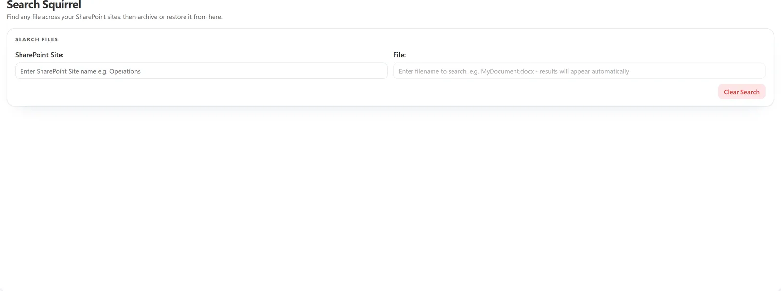 Search Squirrel, the find-any-file view: pick a SharePoint site, then search filenames across it