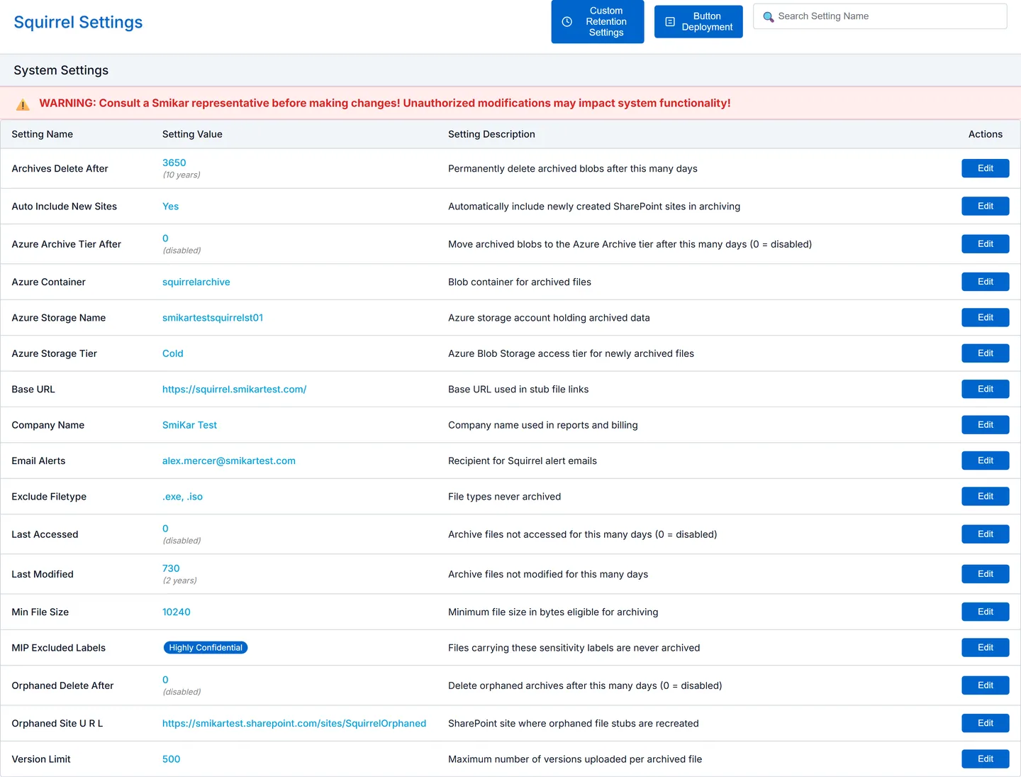 The Squirrel Settings page, showing the system settings table with each setting name, value and description