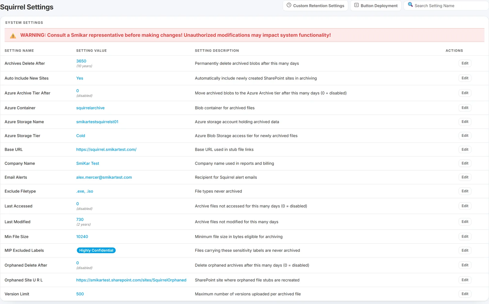 The Squirrel Settings page listing system settings, including Last Accessed disabled, Last Modified at 730 days and Min File Size at 10240 bytes