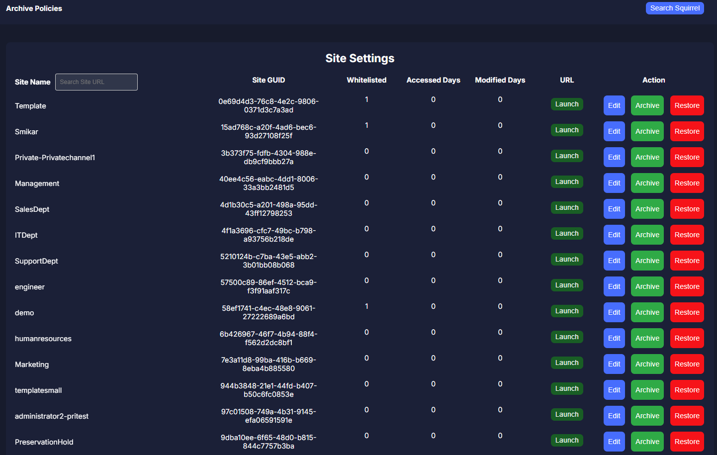 Squirrel site archive settings