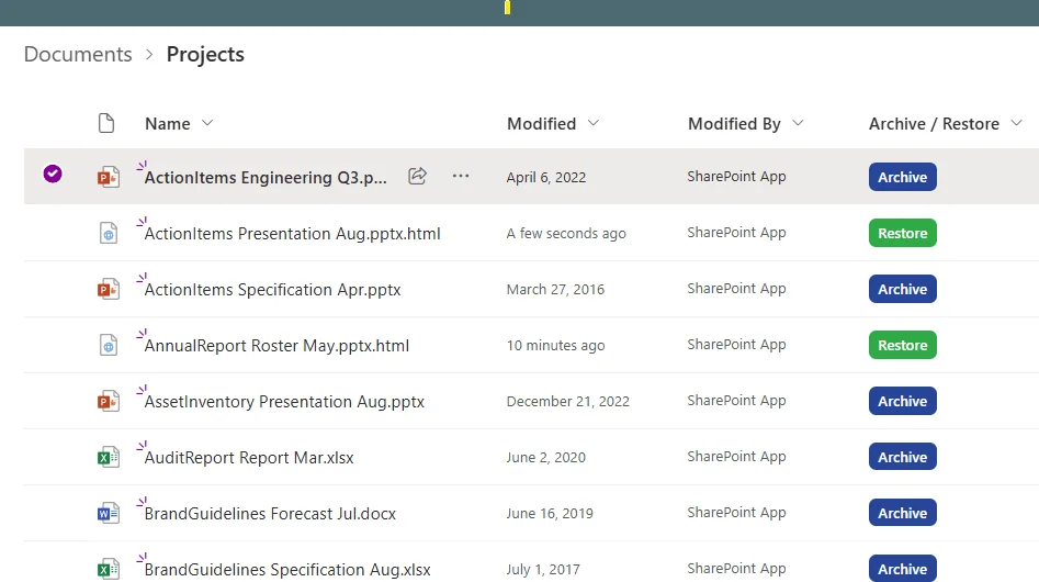 A SharePoint library with the file ActionItems Engineering Q3.pptx selected and a blue Archive button on its row